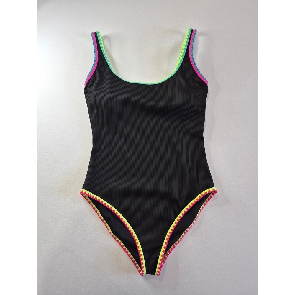 Popvil Black Ribbed One Piece Swimsuit Neon Scallop‎ Trim Tummy Control Large